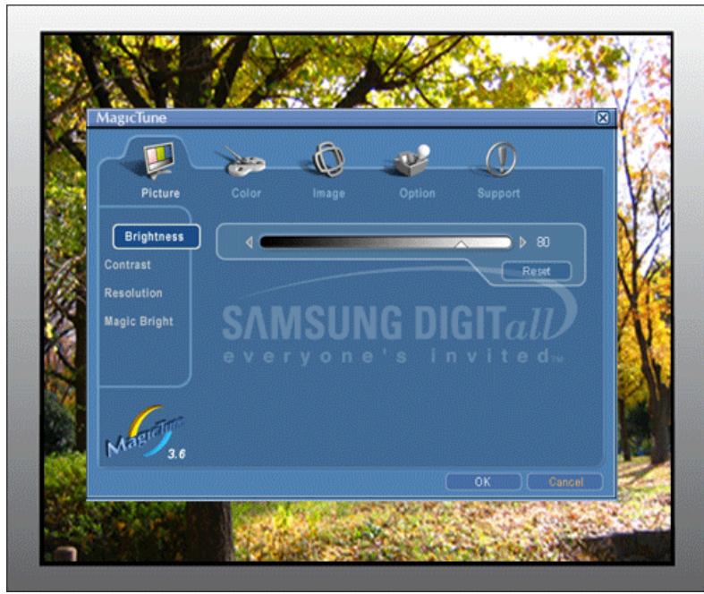 MagicTune Picture Color Image Option Support Brightness Contrast Resolution Magic Bright 80 Reset SAMSUNG DIGITAL everyone's invited™ 3.6 OK Cancel