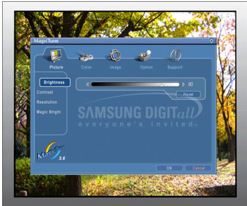 MagicTune Picture Color Image Option Support Brightness Contrast Resolution Magic Bright 80 Reset SAMSUNG DIGITAL everyone's invited™ 3.6 OK Cancel