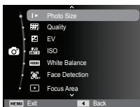 Photo Size Quality EV ISO White Balance Face Detection Focus Area MENU Exit Back