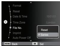Format Reset Date & Time :10/01/01 Time Zone :London File No. Imprint Auto Power Off Reset ✓ Series MENU Back OK Set