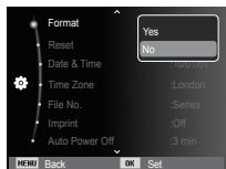 Format Reset Date & Time Time Zone File No. Imprint Auto Power Off Yes No :100/101 :London :Series :Off :3 min MENU Back OK Set