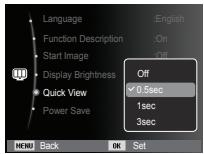 Language Function Description Start Image Display Brightness Quick View Power Save English On Off Off ✓ 0.5sec 1sec 3sec MENU Back OK Set