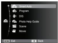 Smart Auto Program DIS Photo Help Guide Scene Movie MENU Exit Back