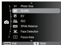 Photo Size Quality EV ISO White Balance Face Detection Focus Area MENU Exit Back