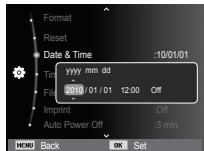 Format Reset Date & Time :10/01/01 Time: yyyy mm dd File: 2010/01/01 12:00 Off Imprint :Off Auto Power Off :3 min MENU Back OK Set