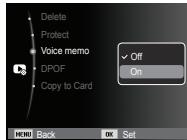 Delete Protect Voice memo DPOF Copy to Card Off On MENU Back OK Set