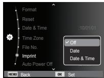 Format Reset Date & Time Time Zone File No. Imprint Auto Power Off :10/01/01 Off Date Date & Time MENU Back OK Set