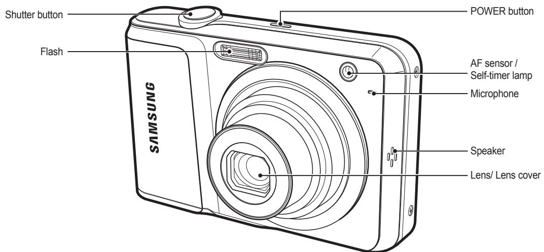 Shutter button Flash SAMSUNG POWER button AF sensor / Self-timer lamp Microphone Speaker Lens/ Lens cover