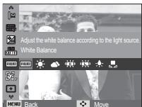 Adjust the white balance according to the light source. White Balance MENU Back Move