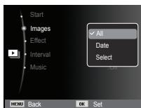 Start Images Effect Interval Music All Date Select OK MENU Back OK Set