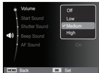 Volume Start Sound Shutter Sound Beep Sound AF Sound Off Low ✓ Medium High :On MENU Back OK Set