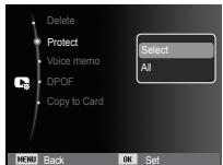 Delete Protect Voice memo DPOF Copy to Card Select All MENU Back OK Set