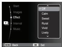 Start Images Effect Interval Music Off Calm Sweet Rural Vivid Lively MENU Back OK Set