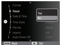 Format Reset Date & Time Time Zone File No. Imprint Auto Power Off Yes No :London :Series :Off :3 min MENU Back OK Set