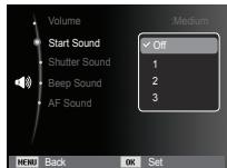 Volume Start Sound Shutter Sound Beep Sound AF Sound Medium Off 1 2 3 MENU Back OK Set