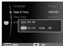 Language :English Date & Time :10/01/01 Time Zone :London Battery yyyy mm dd 2010 / 01 / 01 12:00 Off MENU Back OK Set