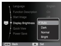 Language Function Description Start Image Display Brightness Quick View Power Save English On Off ✓ Auto Dark Normal Bright MENU Back OK Set
