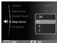 Volume Start Sound Shutter Sound Beep Sound AF Sound :Medium :Off Off ✓ 1 2 3 MENU Back OK Set