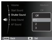 Volume Start Sound Shutter Sound Beep Sound AF Sound :Medium :Off Off ✓ 1 2 3 MENU Back OK Set