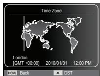 Time Zone London [GMT +00:00] 2010/01/01 12:00 PM MENU Back DST