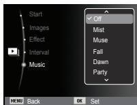 Start Images Effect Interval Music Off Mist Muse Fall Dawn Party MENU Back OK Set