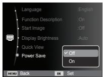Language Function Description Start Image Display Brightness Quick View Power Save :English :On :Off :Auto ✓ Off On MENU Back OK Set
