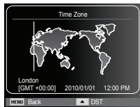Time Zone London [GMT +00:00] 2010/01/01 12:00 PM MENU Back ▲ DST