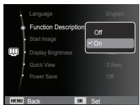 Language Function Description Start Image Display Brightness Quick View Power Save :English Off ✓ On :0.5sec :Off MENU Back OK Set