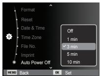 Format Reset Date & Time Time Zone File No. Imprint Auto Power Off Off 1 min ✓ 3 min 5 min 10 min MENU Back OK Set
