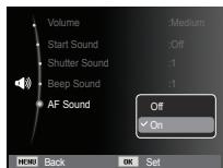 Volume :Medium Start Sound :Off Shutter Sound :1 Beep Sound :1 AF Sound Off ✓ On MENU Back OK Set