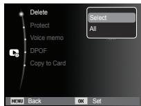Delete Protect Voice memo DPOF Copy to Card Select All MENU Back OK Set