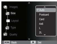 Images Size Layout Type Quality MENU Back OK Set Auto Postcard Card 4x6 L 2L