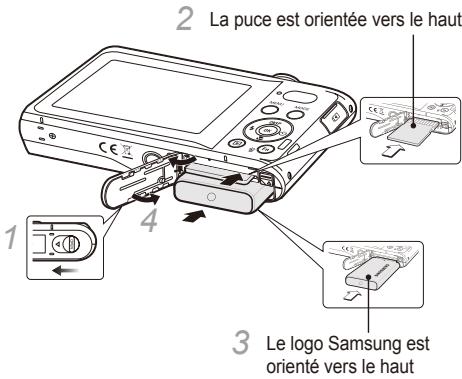 SAMSUNG PL80 PURPLE - Insertion de la batterie et de la carte mémoire - 1