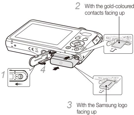 SAMSUNG PL80 PURPLE - Inserting the battery and memory card - 1