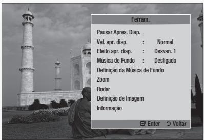 Ferram. Pausar Apres. Diap. Vel. apr. diap. : Normal Efeito apr. diap. : Desvan. 1 Música de Fundo : Desligado Definição da Música de Fundo Zoom Rodar Definição de Imagem Informação Enter Voltar