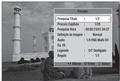 Ferram. Pesquisa Título ← 1/2 > Procura Capítulo : 1/20 Pesquisa Hora : 00:00:13/01:34:37 Definição de Imagem : Normal Áudio : 1/4 ENG Multi CH Eq. Ut. Legenda : 0/7 Desligado Ângulo : 1/1 ◀ Alterar □ Enter ○ Voltar