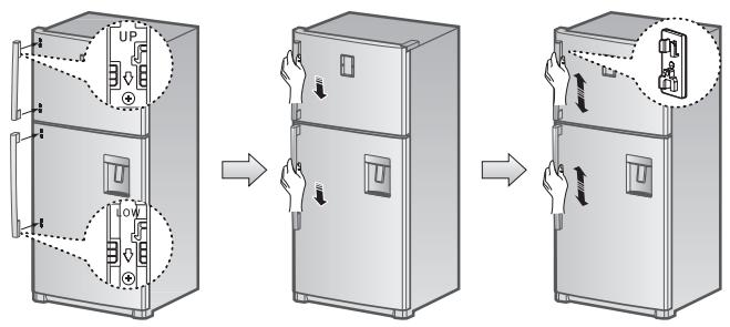 Diagram illustrating three-step appliance cooling process: front panel with U/R control, middle panel with hand holding refrigerator, and rear panel with hand holding refrigerator.
