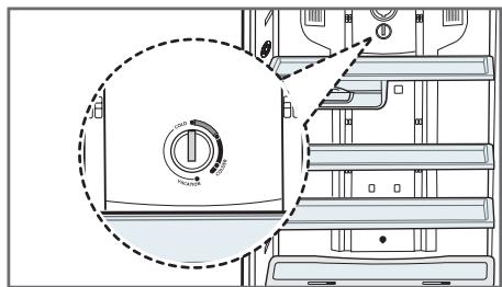 Technical diagram of a refrigerator interior with labeled controls and a circular annotation highlighting the dial.