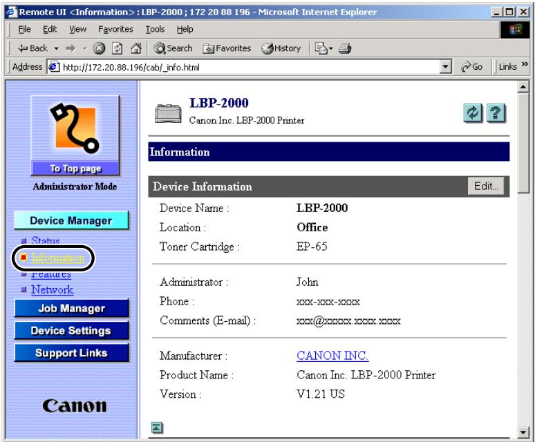 CANON EB-65 - Under Device Manager at the left side of the window, select Information. - 1