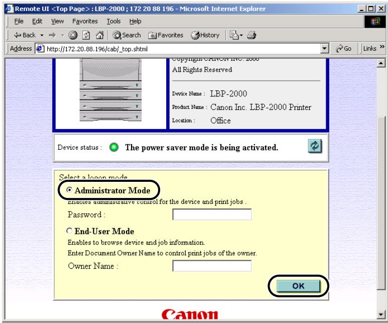 CANON EB-65 - Select Administrator Mode, and then click the OK button. - 1