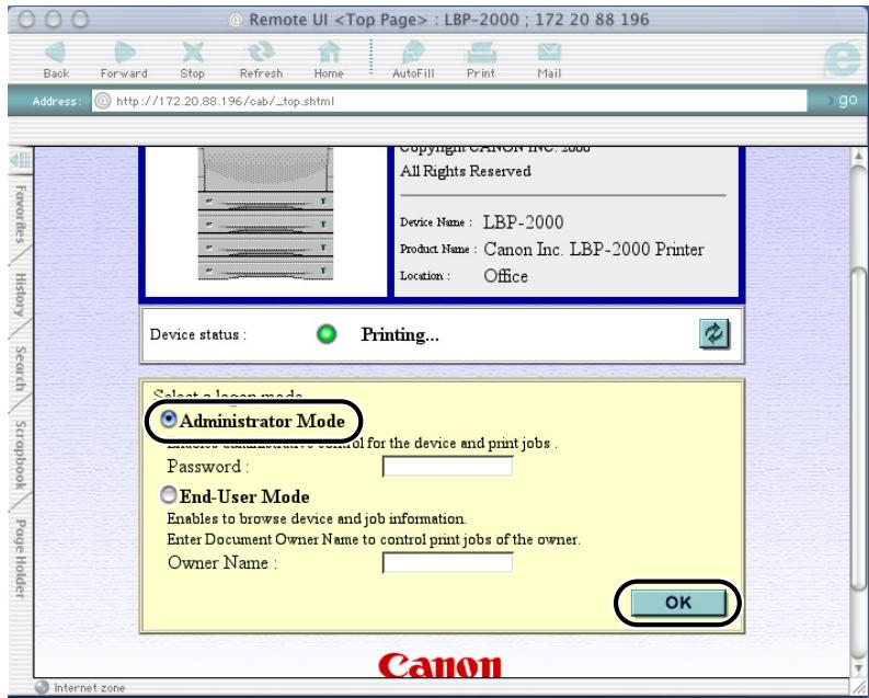 CANON EB-65 - Select Administrator Mode, and then click the OK button. - 1