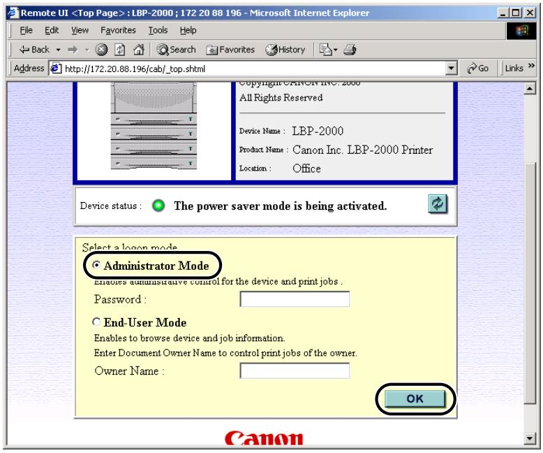 CANON EB-65 - Select Administrator Mode, and then click the OK button. - 1