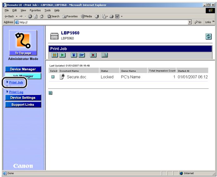 CANON REMOTE - Start the Remote UI using SSL encrypted communication, then click [Print Job] from the [Job Manager] menu. - 1