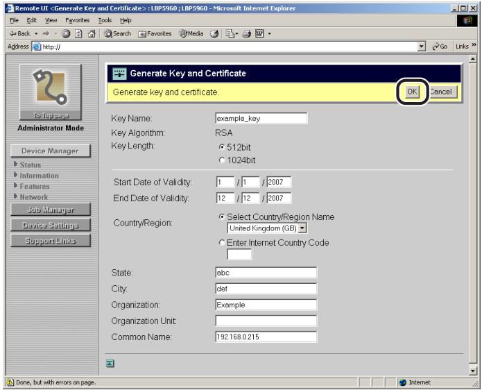 CANON REMOTE - Clicking [OK] starts to create a key and its certificate. - 1