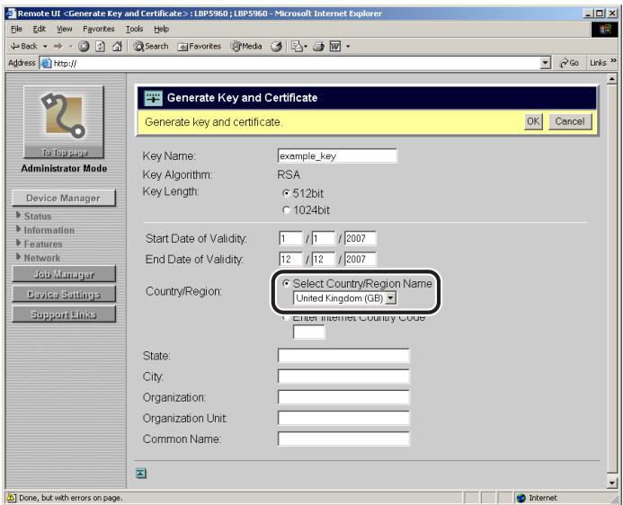CANON REMOTE - Specify the country/region name for the self-sign server certificate. - 1