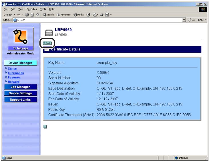 CANON REMOTE - After confirming the contents of the certificate, click the [Back] button. - 1