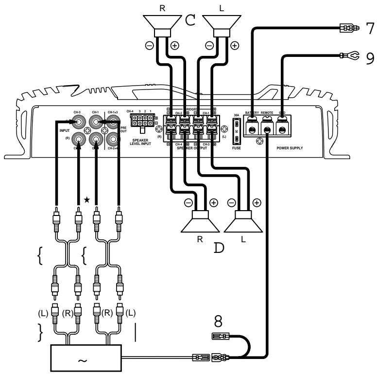 R C L + - + + + - 7 9 CH-3 CH-1 CH-1+3 PRE OUT SPEAKER LEVEL INPUT CH-4 3 2 1 CH-3 POWER CH-1 CH-4 SPECTRER OUTPUT 30A BATTERY REMOTE COOL L FUSE POWER SUPPLY R D 8 (L) (R) (R) (L) ~ B (+) (R) (+) (L)