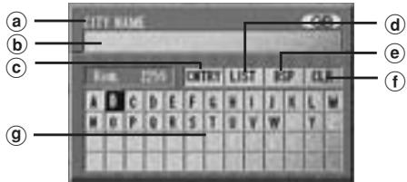 ALPINE NVE-N077P-PS-SPACE-SOFTWARE - The character pallet is displayed. Tilt the joystick to select the desired character for the first position of the city name and press ENTER. The entered character appears at the first position of the text window. - 2