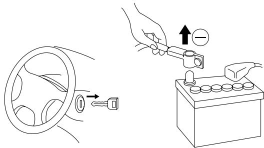 ALPINE NVE-N077PS - Pull out the ignition key and remove the battery terminal (−) again to begin installation procedure. - 1