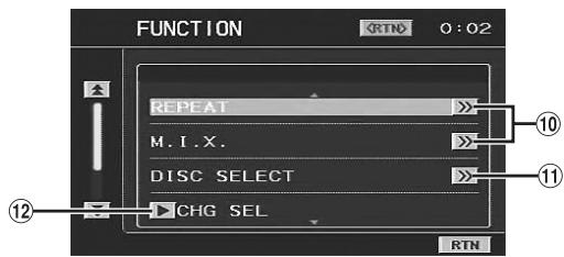 FUNCTION RTN 0:02 REPEAT M.I.X. DISC SELECT CHG SEL 10 11 12 RTN
